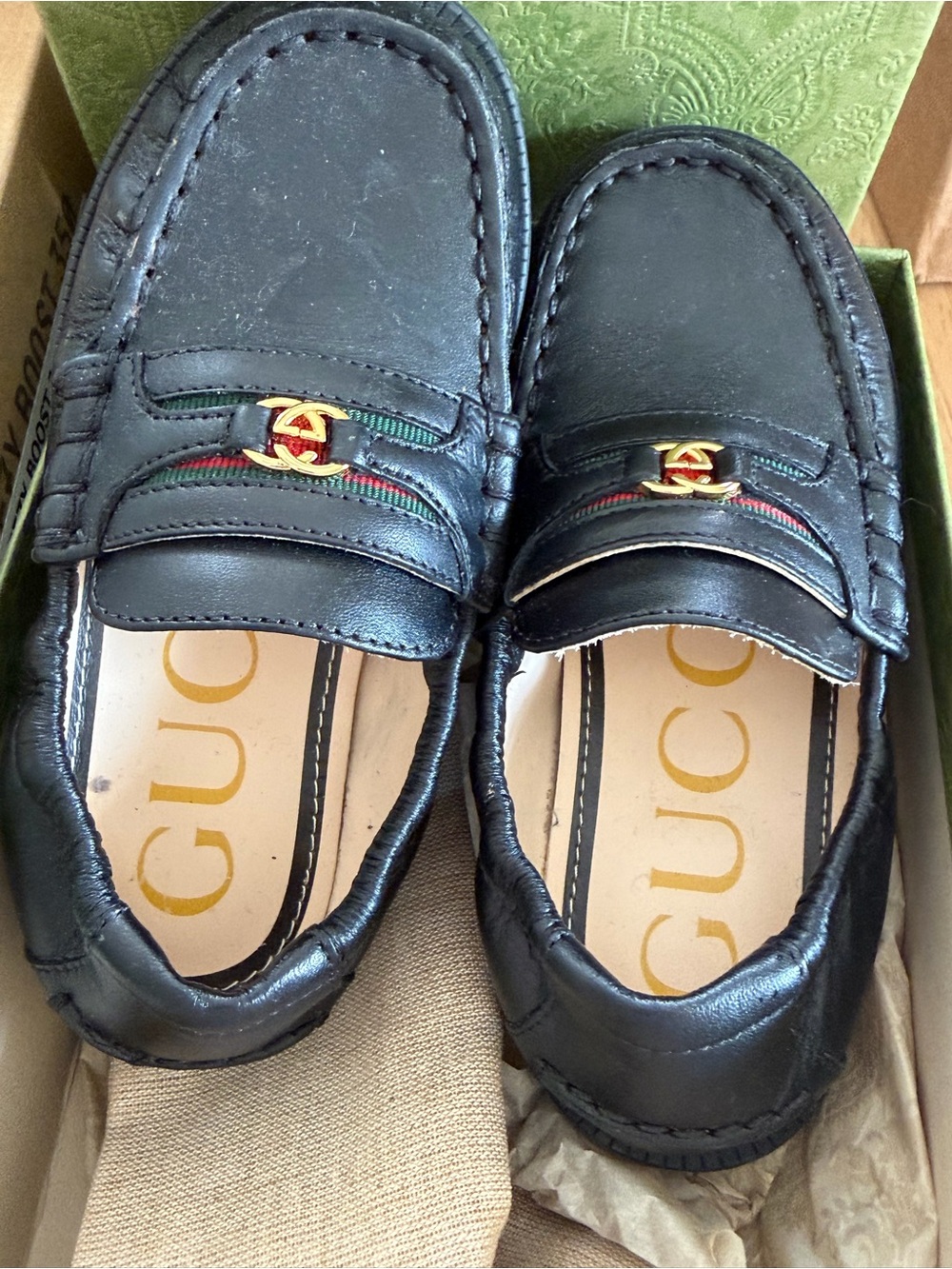 Gucci Toddler Black Leather Loafers with Green-Red Web and Gold Double G